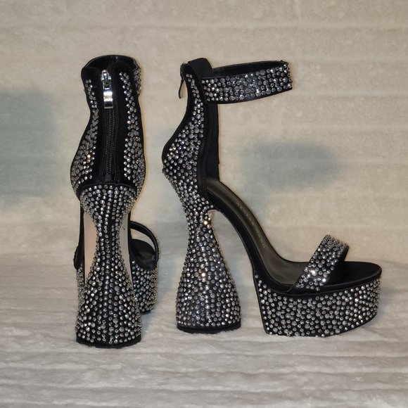 Black Satin & Silver Rhinestone Platform cylinder Heels YAR - Picture 9 of 9